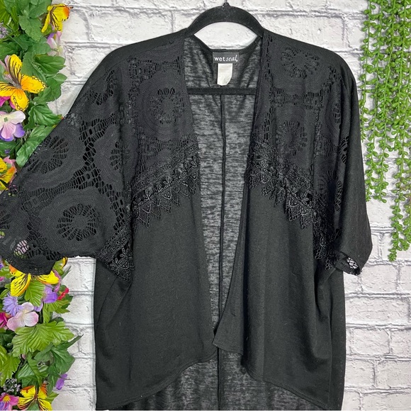 +🌸5/$25🌸Wet Seal Short Sleeve Open Front Lace Detailed Kimono Size Medium - Picture 4 of 13